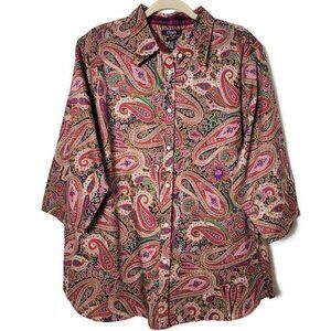 Chaps by Ralph Lauren Womens Multicolor Paisley 3/4 Sleeves Button Up Top 2X
